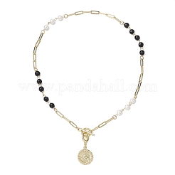 Collares de cadena con cuentas de concha y perlas y piedras negras&nbsp;NJEW-JN05109