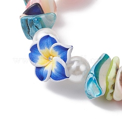 Handgefertigte Polymer Clay Blumen & natürliche Muschelsplitter Stretch-Armbänder&nbsp;BJEW-JB12582