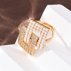 Bagues manchettes ajustables en laiton serties de micro-pavés de zirconiums cubiques transparents et ornées de perles en plastique ABS&nbsp;RJEW-G368-02G
