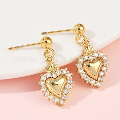 Orecchini pendenti a forma di cuore in ottone micro pavé di zirconi cubici trasparenti&nbsp;EJEW-F895-14G