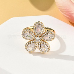 Anelli a polsino con fiore in ottone micro pavé di zirconi cubici per donna&nbsp;RJEW-A069-14G-03