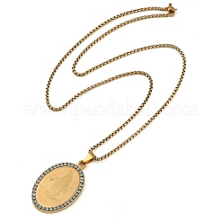 Collier avec pendentif ovale en acier inoxydable 201 avec strass et croix religieuse de la Vierge Marie&nbsp;LS-NJEW-D089-04G