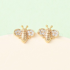 Pendientes de botón con diseño de abejas de circonitas cúbicas transparentes y micropavé de latón&nbsp;EJEW-L278-10G