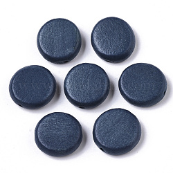 Painted Natural Wood Beads, Flat Round, Marine Blue, 16x5.5mm, Hole: 1.5mm