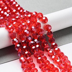 Fili di perle di vetro placcato, lustro di perla placcato, sfaccettato (32 sfaccettatura), tondo, rosso, 8x7mm
