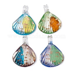 Handmade Silver Foil Glass Large Pendants, 925 Silver, with Gold Sand, Shell, Mixed Color, about 44mm wide, 59mm long, 15mm thick, hole: 7mm