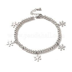 304 Stainless Steel Snowflake Charm Bracelet with 201 Stainless Steel Round Beads for Women, Stainless Steel Color, 8-7/8 inch(22.4cm)