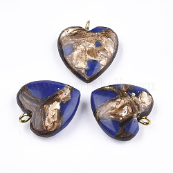 Assembled Bronzite and Lapis Lazuli Pendants, with Iron Findings, Heart, Golden, 20~22x19~20x5~7mm, Hole: 2mm