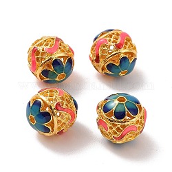 Hohl Legierung Perlen, mit Emaille, Runde mit Blume, mattgoldene Farbe, tief rosa, 14 mm, Bohrung: 2 mm