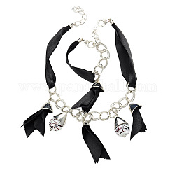 Tibetan Style Jewelry Sets: Necklaces and Bracelets, with Satin Ribbon, Handmade Lampwork Beads, CCB Plastic Bead Caps and Tibetan Style Lobster Claw Clasps, Black, Antique Silver, 18.9inch, 230mm