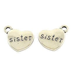 Tibetan Style Alloy Family Charms, Heart with Word Sister, Cadmium Free & Nickel Free & Lead Free, Antique Silver, 14x18x3mm, Hole: 2.5mm