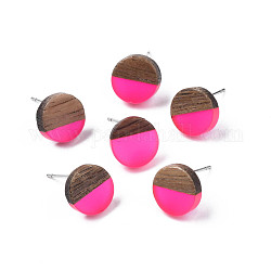 Aretes de resina transparente y madera de nogal, 316 con pasadores de acero inoxidable, plano y redondo, de color rosa oscuro, 10mm, pin: 0.7 mm