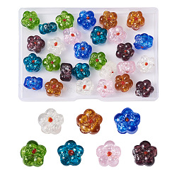 Beadthoven 35 pièces 7 couleurs perles de chalumeau cahoteuses faites à la main transparentes, avec des paillettes d'argent, fleur, couleur mixte, 13.5~14.5x14.5x8.5~10mm, Trou: 0.8~1.6mm, 5 pcs / couleur