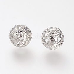 Brass Hollow Beads, Real Platinum Plated, Round, 8mm, Hole: 3mm
