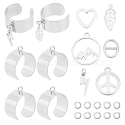 UNICRAFTALE 6pcs Gothic Punk Chain Finger Ring Set 17mm Stainless Steel Open Finger Ring with Mountain Peace Sign Heart Leaf Charm Hip Hop Adjustable Stackable Statement Knuckle Ring for Party Jewelry