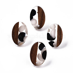Accessoires de boucles d'oreilles en résine et bois de noyer, avec épingle en 304 acier inoxydable, ovale, noir, 15x10mm, Trou: 1.8mm, pin: 0.7 mm