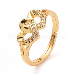Clear Cubic Zirconia Interlocking Double Heart Adjustable Ring, Rack Plating Brass Jewelry for Women, Cadmium Free & Lead Free, Real 18K Gold Plated, US Size 6 1/2(16.9mm)