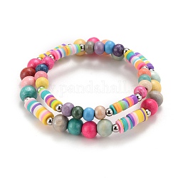 Mother-son Stretch Bracelets Set,  Including Dyed Natural Wood Beads, Handmade Polymer Clay Disc Beads and 304 Stainless Steel Round Beads, Mixed Color, Inner Diameter: 1-3/4 inch(4.6cm)~2-1/8 inch(5.4cm), 2pcs/Set