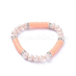 Stretch Bracelets, with Polymer Clay Heishi Beads, Imitation Jade Faceted Glass Beads and Brass Rhinestone Beads, Light Salmon, Inner Diameter: 2-1/4 inch(5.7cm)
