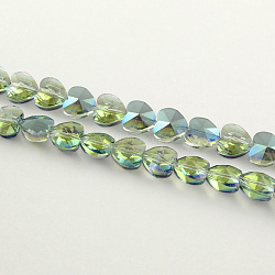 Electroplate Faceted Glass Heart Beads, Half Rainbow Plated, Medium Sea Green, 10x10x7mm, Hole: 1mm
