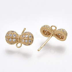 Brass Stud Earring Findings, with Loop & Cubic Zirconia, Clear, Bowknot, Nickel Free, Real 18K Gold Plated, 7x12mm, Hole: 1.5mm, Pin: 0.8mm