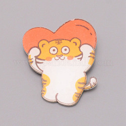 Tiger with Heart Chinese Zodiac Acrylic Brooch, Lapel Pin for Chinese Tiger New Year Gift, White, Tomato, 40x37x7mm