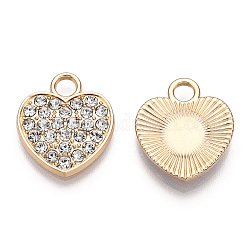 Alloy Rhinestone Pendants, Heart, Crystal, Light Gold, 17x15x3mm, Hole: 3mm