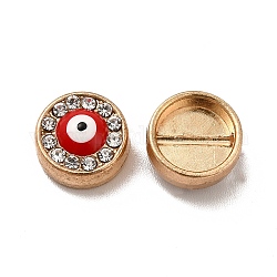 Alloy Enamel Beads, with Rhinestone, Flat Round with Evil Eye, Light Gold, Red, 11x6mm, Hole: 1mm