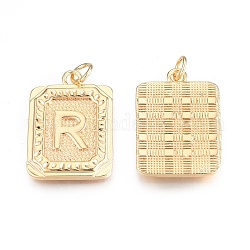 Brass Pendants, with Jump Rings, Cadmium Free & Nickel Free & Lead Free, Rectangle with Letter, Real 18K Gold Plated, Letter.R, 22.5x16x2mm, Jump Ring: 5x1mm, 3mm inner diameter