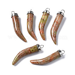 Natural Unakite Pendants, with Platinum Iron Findings, Little Pepper, 34~39x6~7mm, Hole: 2.5mm