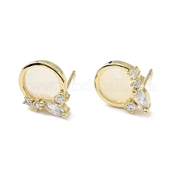 Natural White Shell Flat Round Stud Earrings with Clear Cubic Zirconia, Brass Jewelry for Women, Cadmium Free & Nickel Free & Lead Free, Real 18K Gold Plated, 13x10mm, Pin: 0.7mm
