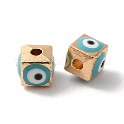 Perles d'émail en alliage, or clair, cube avec le mauvais œil, Aqua, 5.5x6x6mm, Trou: 1.8mm