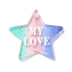 Pendentif acrylique transparent saint valentin, avec de la poudre de paillettes, étoile avec le mot mon amour, colorées, 22.5x23.5x2mm, Trou: 1.8mm