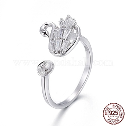 Rhodium Plated 925 Sterling Silver Cuff Rings, Open Rings Components, For Half Drilled Beads, with Cubic Zirconia, with 925 Stamp, Swan, Platinum, Size 6, 16.5mm, Tray: 3.5mm, Pin: 0.8mm