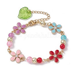 Bracelets de chaîne à maillons de fleurs en alliage de zinc, perles de verre, colorées, 7-1/2 pouce (19 cm)