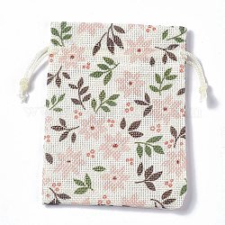 黄麻布ラッピングポーチ巾着袋  長方形  フローラルホワイト  花  13.5~14x10x0.35cm