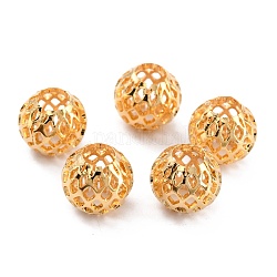 Perline in ottone scavate placcate di lunga durata, perline in filigrana, tondo, vero placcato oro 24k, 9.5x9mm, Foro: 4.5 mm