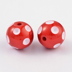 Chunky Bubblegum Acrylic Beads, Round with Polka Dot Pattern, Red, 20x19mm, Hole: 2.5mm, Fit for 5mm Rhinestone