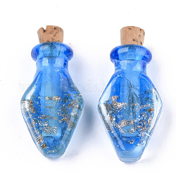 Lumineux à la main pendentifs en verre de sable d'or, avec bouchon en bois, bouteille de parfum, Dodger bleu, 31.5~32x17.5~18x9~9.5mm, Trou: 4.5mm, Capacité de la bouteille: 0.5 ml (0.017 oz liq.)