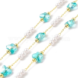 Handmade Eco-friendly Brass Cable Chain, with Glass & CCB Butterfly & Imitation Pearl Beaded, Long-Lasting Plated, Golden, Soldered, with Spool, Deep Sky Blue, 6x8x2mm