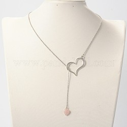 Lega alla moda collane Lariat cuore, con perle di quarzo rosa, catene portacavi in acciaio inox e fermagli in ottone a forma di aragosta, platino, 18.1 pollice
