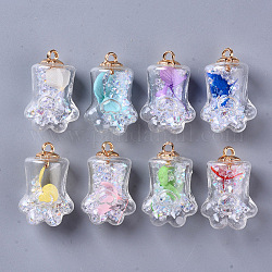 Bear Paw Transparent Glass Pendants, with Dried Flower & Resin Rhinestones inside, Plastic CCB Cup Pearl Peg Bails Pin Pendants Bails, Golden, Mixed Color, 37~38x25x20.5mm, Hole: 3.5mm