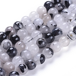 Quartz naturel tourmaliné / perles de quartz rutile noires, ronde, 8~8.5mm, Trou: 0.8mm, Environ 49 pcs/chapelet, 15.7 pouce (40 cm)