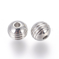 304 Stainless Steel Beads, Grooved Round, Stainless Steel Color, 8x7mm, Hole: 2mm