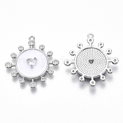 Brass Enamel Pendants, with Clear Micro Pave Cubic Zirconia, Sun, Nickel Free, Real Platinum Plated, White, 28x25.5x3.5mm, Hole: 1.4mm