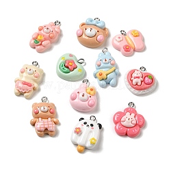 Opaque Resin Pendants, Animals Charms with Platinum Plated Iron Loops, Mixed Color, 20~30x14.5~23x7~8mm, Hole: 2.5mm