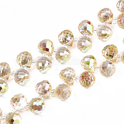 Transparente Glasperlen Stränge, oben gebohrte Perlen, ab Farbe plattiert, facettierten Tropfen, Champagnergelb, tropfen: 9.5x8mm, Bohrung: 0.8 mm, Perlen: 3~4x2.5~3.5 mm, ca. 100 Stk. / Strang, 23.62 Zoll (60 cm)