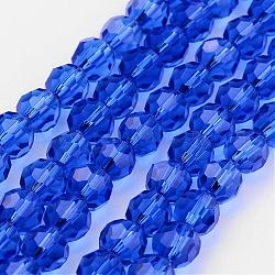 Fili di perline di vetro trasparente, cirstallo austrico imitato, sfaccettato (32 sfaccettatura), tondo, blu, 8mm, Foro: 1 mm, circa 70~72pcs/filo, 20~21 pollice