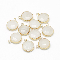 Natural White Jade Pendants, with Brass Findings, Faceted, Dyed, Flat Round, Golden, Creamy White, 19~21x15~16x6~7mm, Hole: 2mm