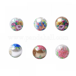 Printed & Spray Painted Imitation Pearl Glass Beads, Round with Flower Pattern, Mixed Color, 8~8.5x7.5mm, Hole: 1.4mm